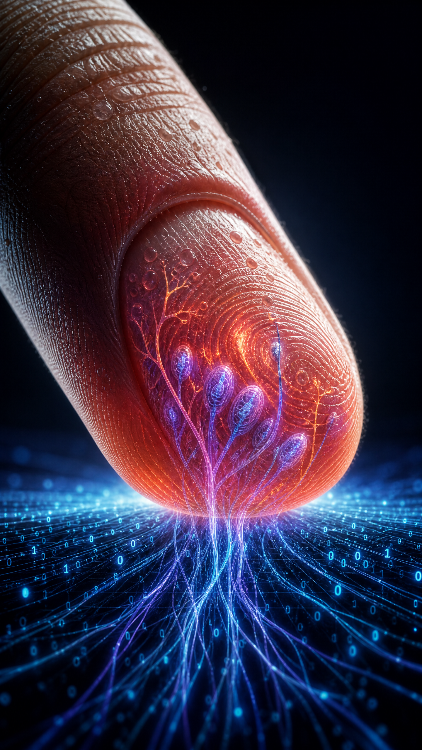 IRIS senses your data — fingertip touching a digital data surface with nerve fibers flowing into data streams